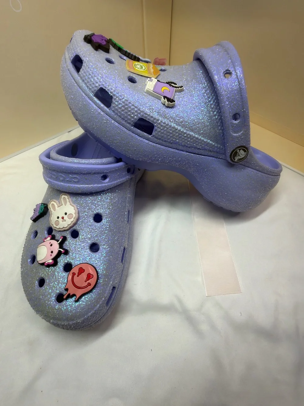 CROCS Glitter Platform Clogs in Lavender with Jibbitz